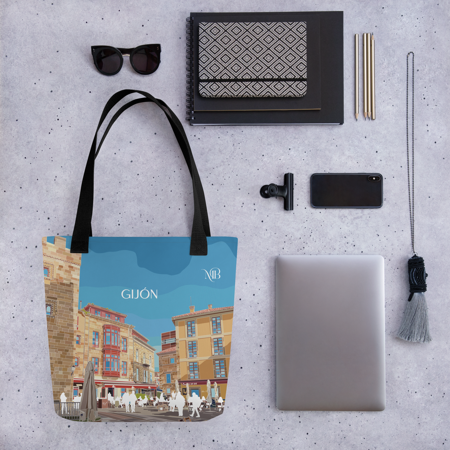 RELACIÓN DE TAMAÑO - TOTE BAG CON ILUSTRACIÓN DE GIJÓN-ASTURIAS DE MARBENAVENTE