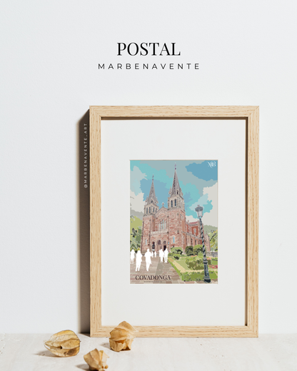 POSTAL ILUSTRADA DE COVADONGA POR MARBENAVENTE ENMARCADA