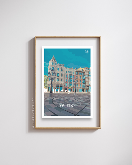 LÁMINA - PRINT DE OVIEDO EN CALLE PELAYO, ASTURIAS PARA ENMARCAR Y DECORAR.