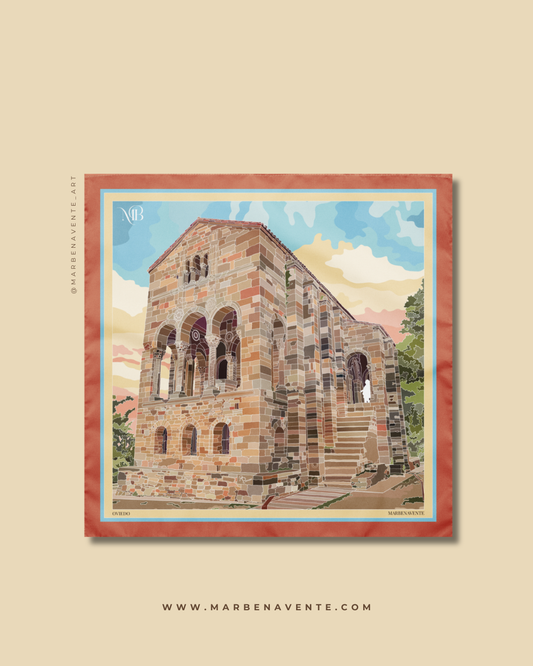 PAÑUELO ILUSTRADO POR MARBENAVENTE DE SANTA MMARIA DEL DEL NARANCO EN OVIEDO